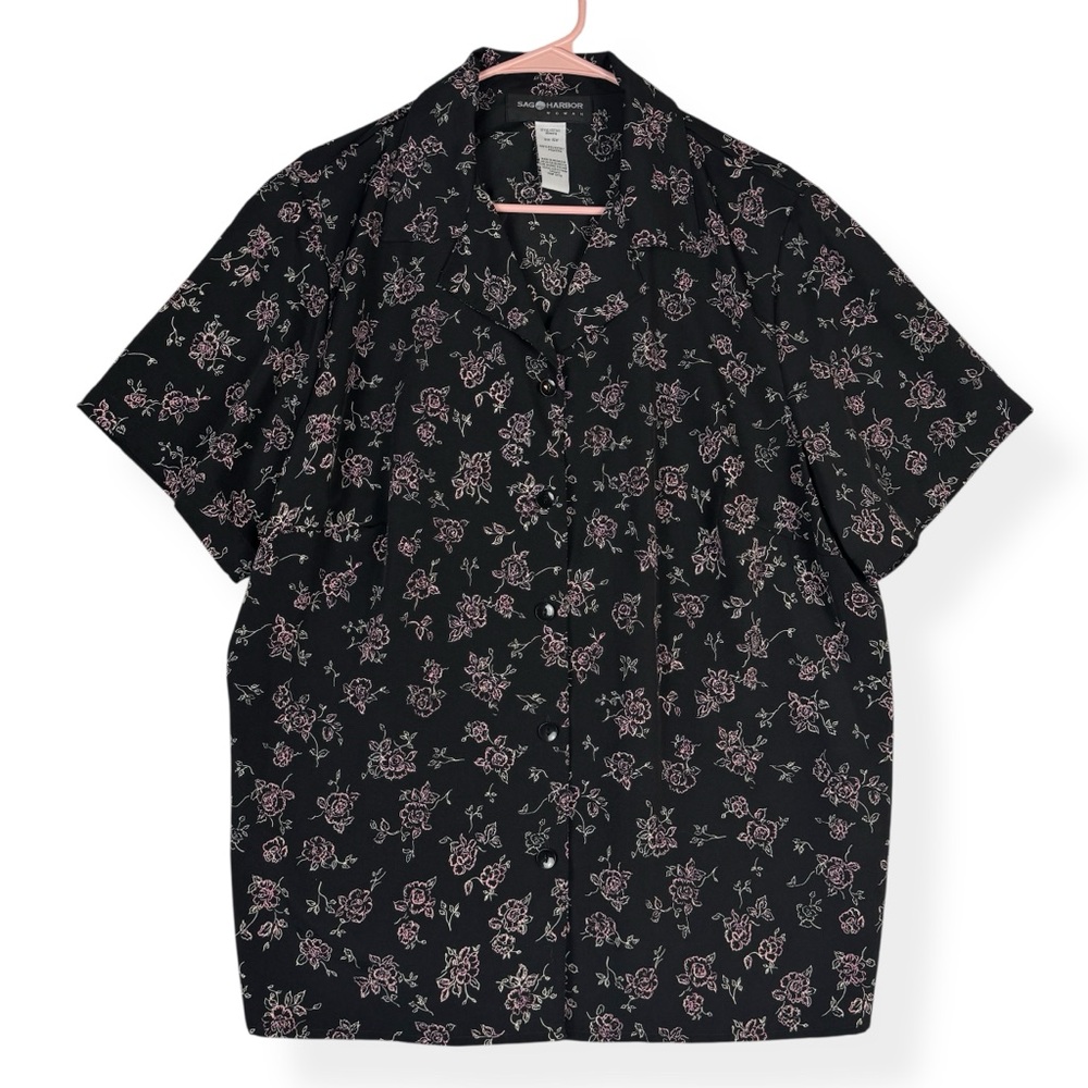Sag Harbor Button Down Top Womens 16W Plus Black Pink Rose Print Short Sleeve